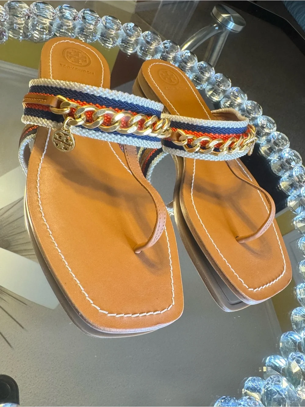 Tory Burch Mini Benton Chain Band Sandal Calf Leather / Webbing. Size 8